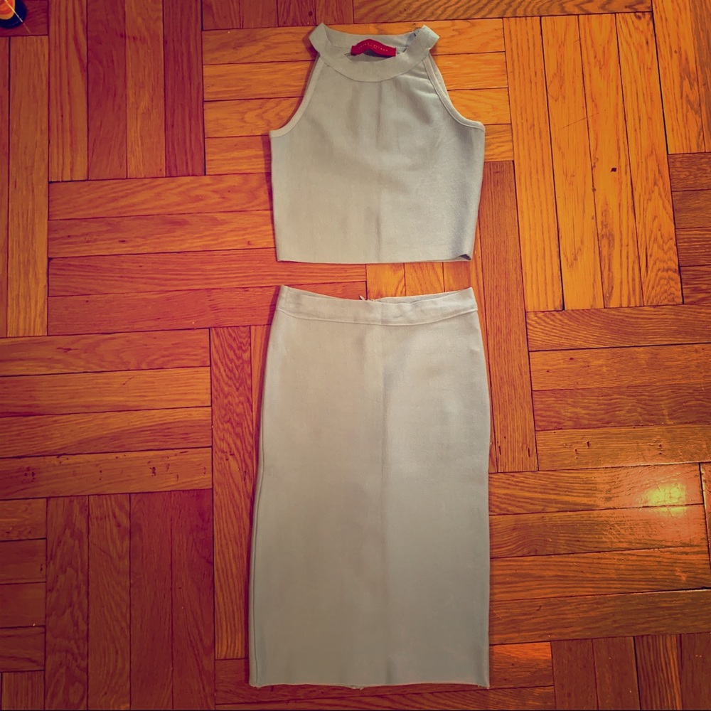 Akira Light Blue Stretch Knit Crop Top Set